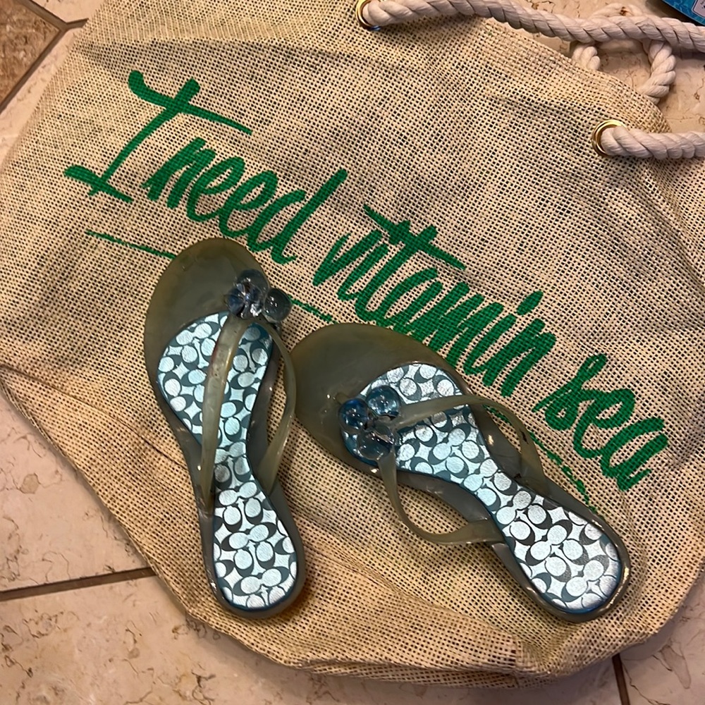 Coach sandals sea blue color size 8 with beach bag “I need vitamin sea”